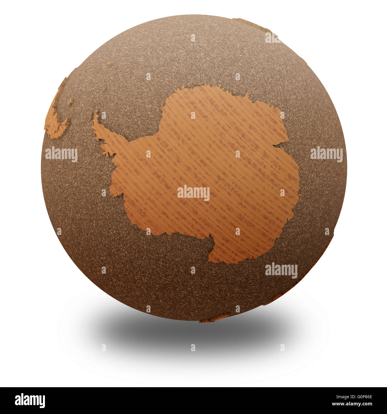 Antarctica on 3D model of wooden planet Earth with oceans made of cork ...