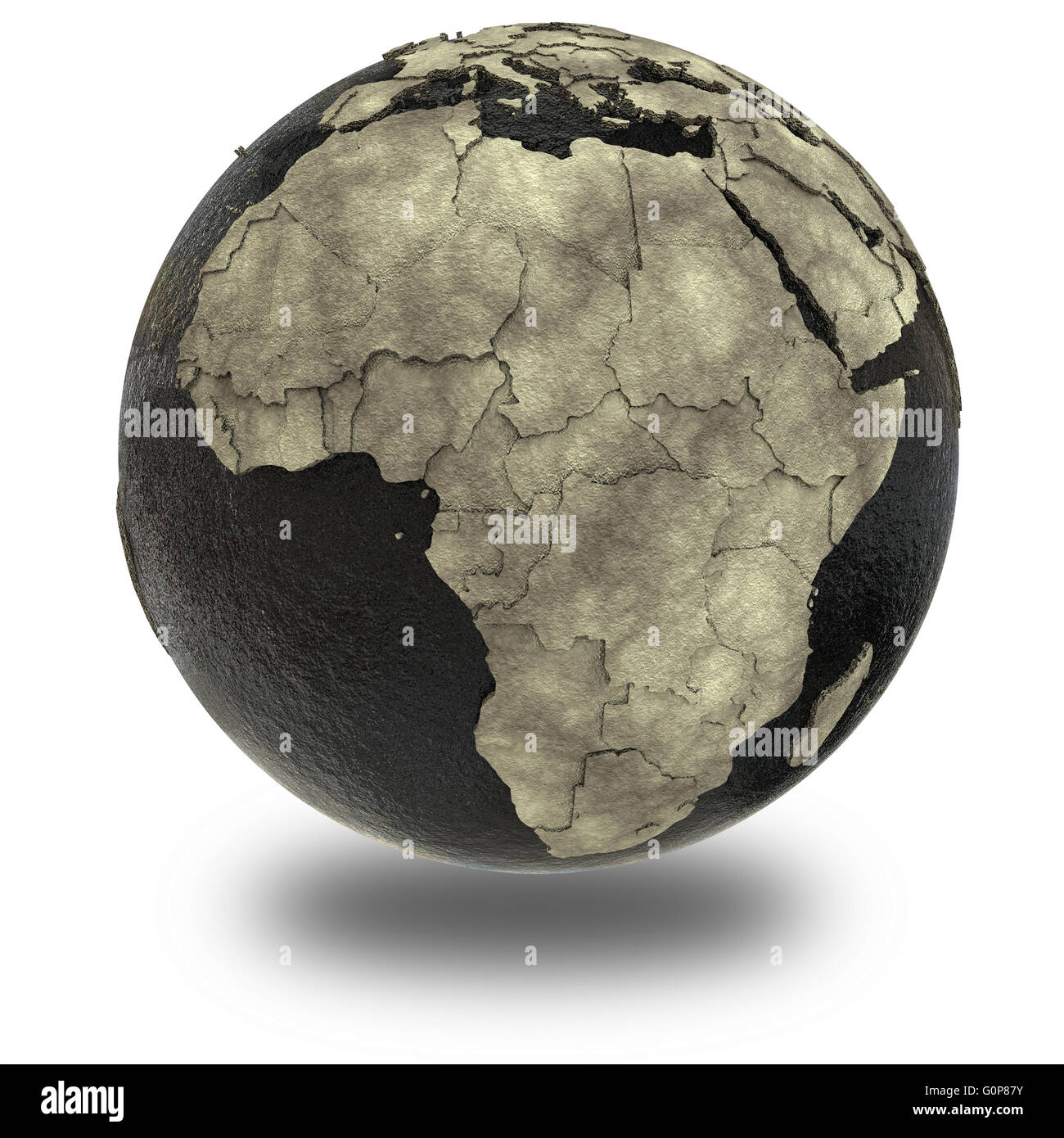 Africa on 3D model of planet Earth with black oily oceans and concrete ...