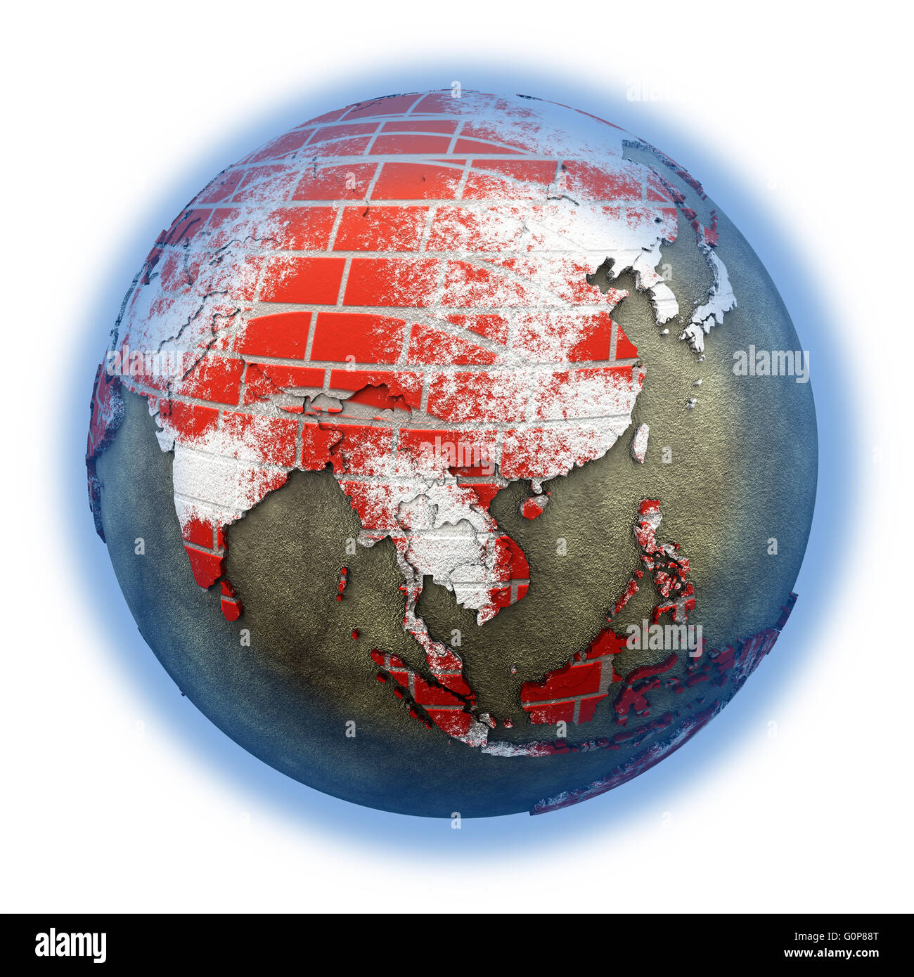 Southeast Asia on brick wall model of planet Earth with continents made ...