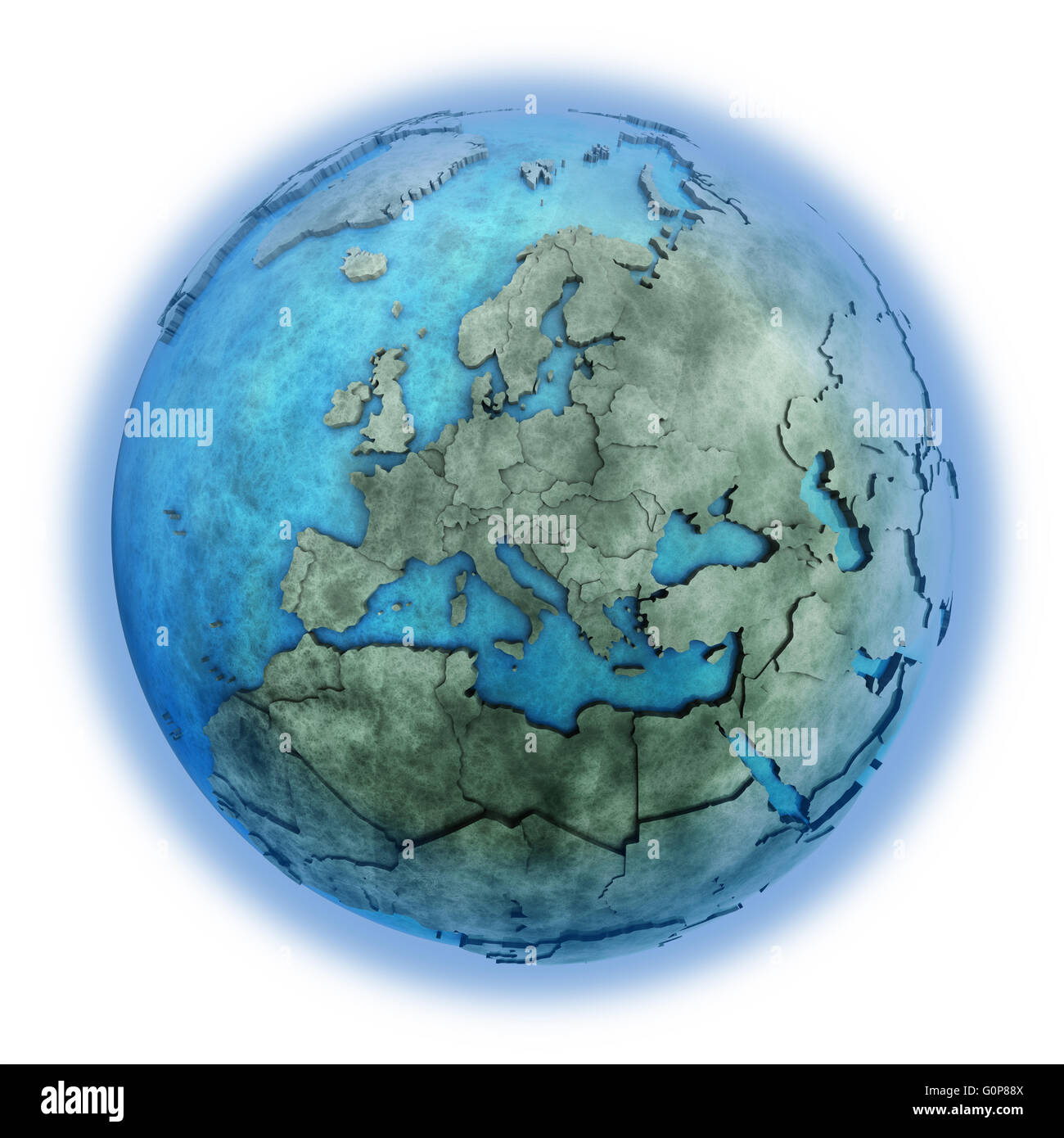 Europe on 3D model of planet Earth made of blue marble with embossed ...