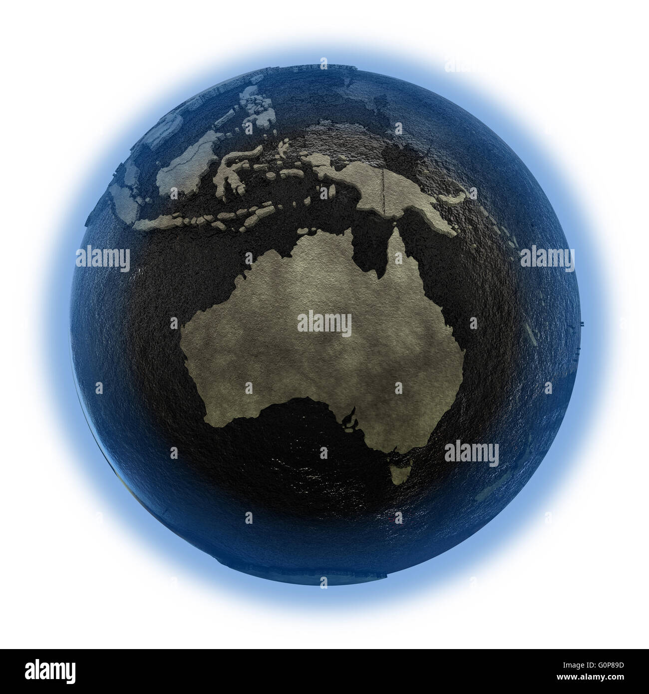 Australia on 3D model of planet Earth with black oily oceans and ...