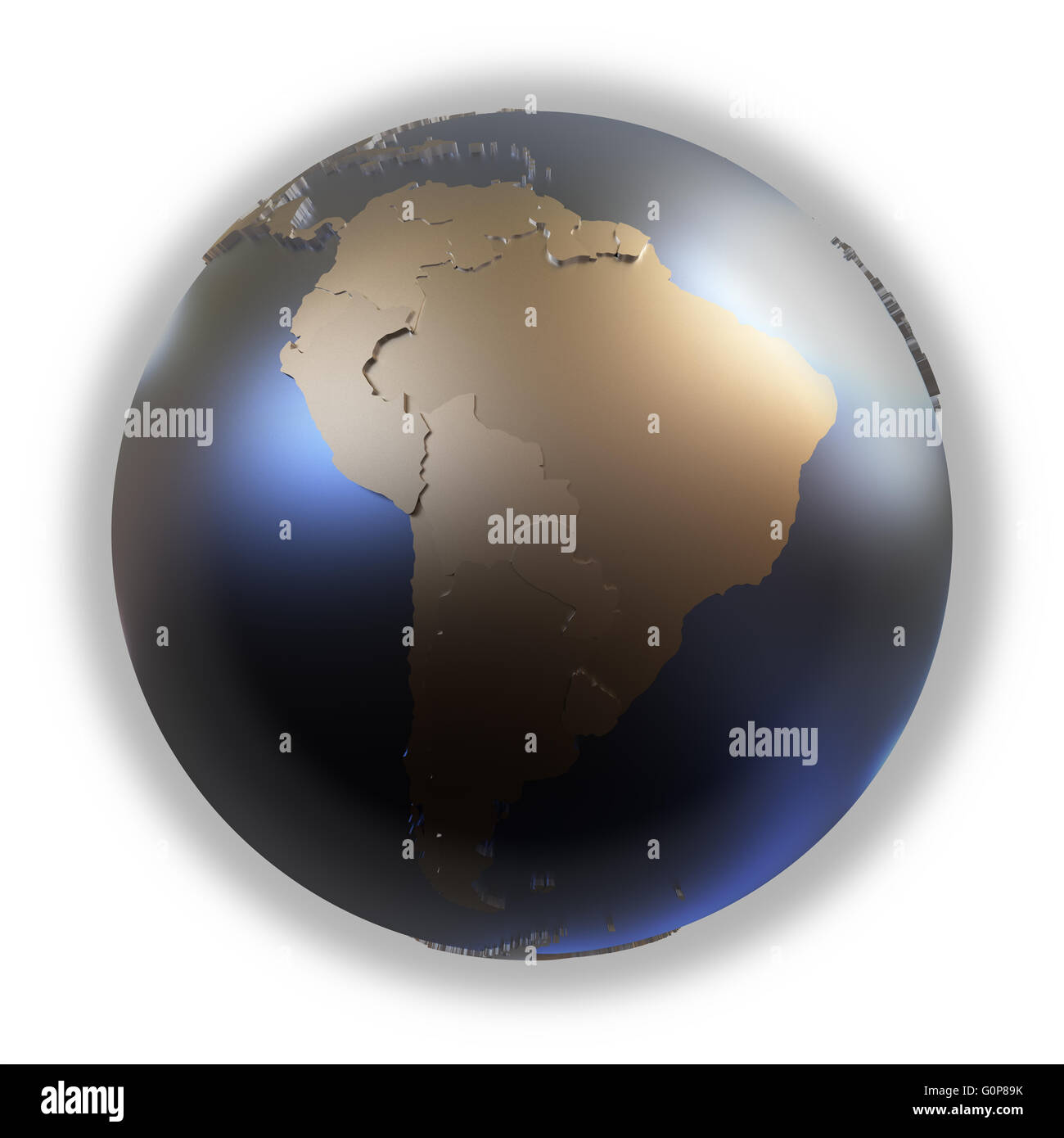 South America on elegant metallic model of planet Earth with blue ocean ...