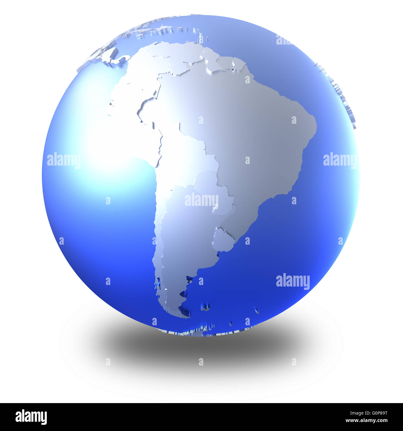 South America on bright metallic model of planet Earth with blue ocean ...