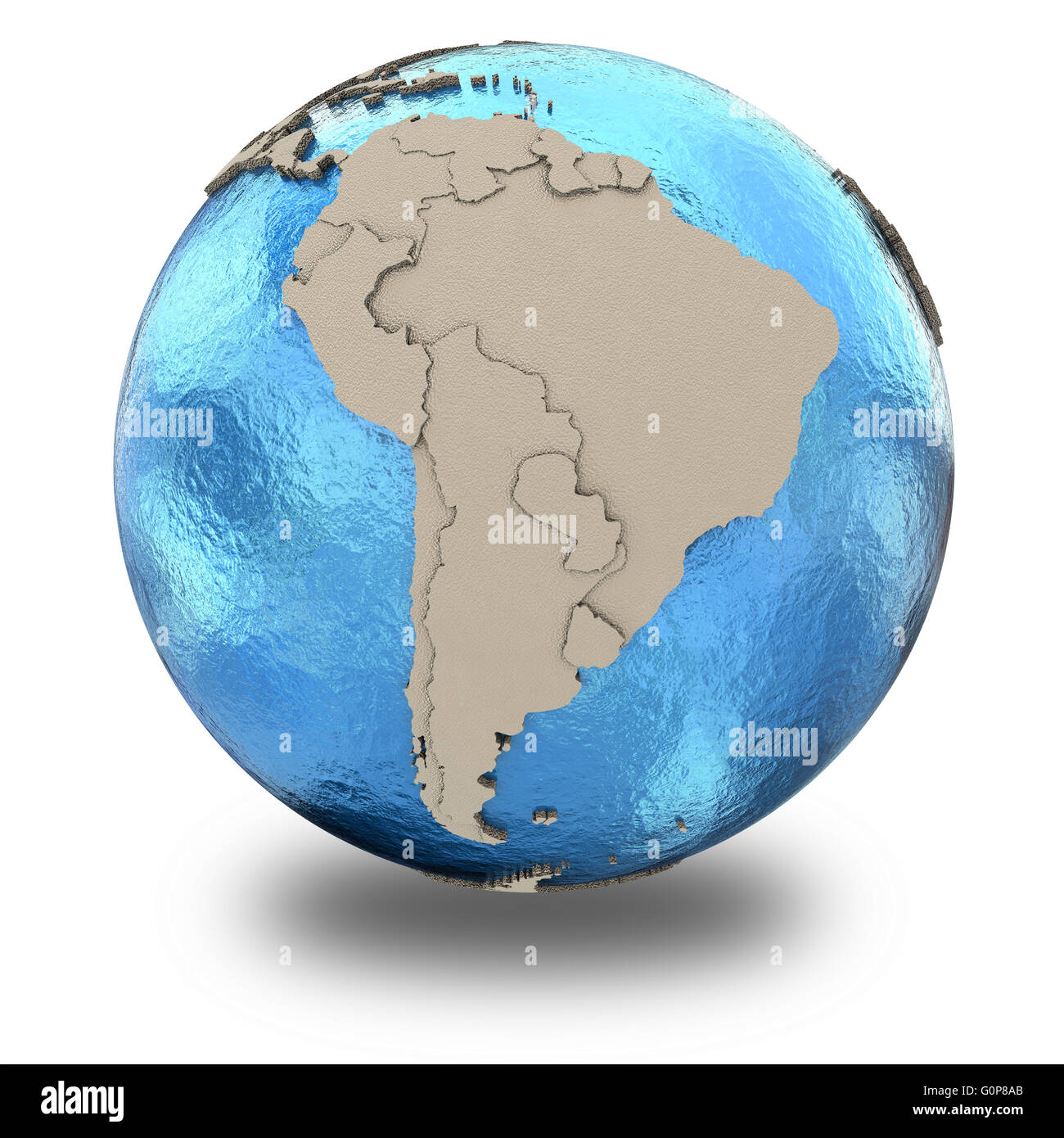 South America on 3D model of blue Earth with embossed countries and ...