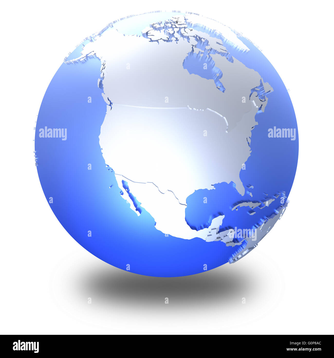 North America on bright metallic model of planet Earth with blue ocean ...
