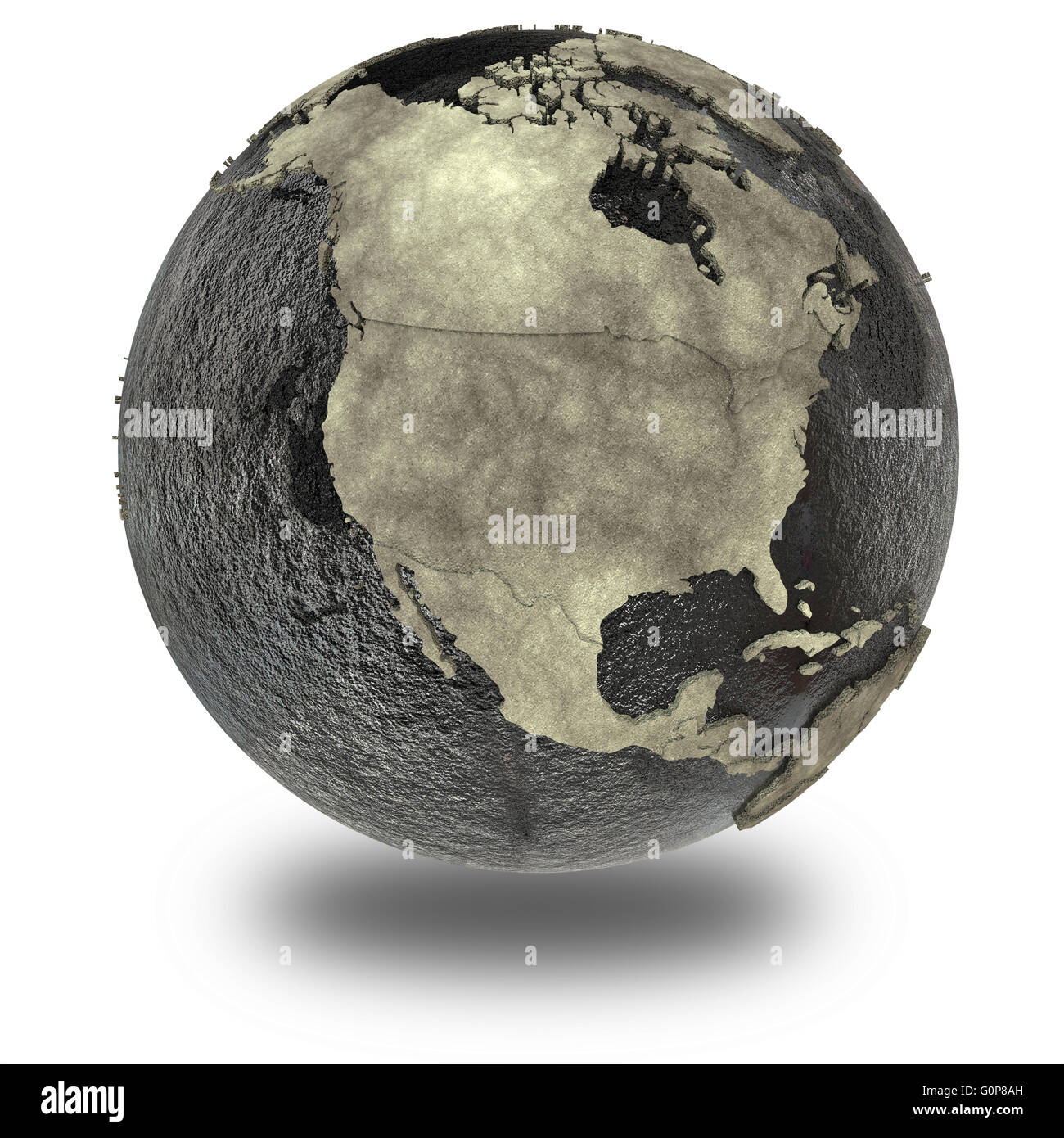 North America on 3D model of planet Earth with black oily oceans and ...
