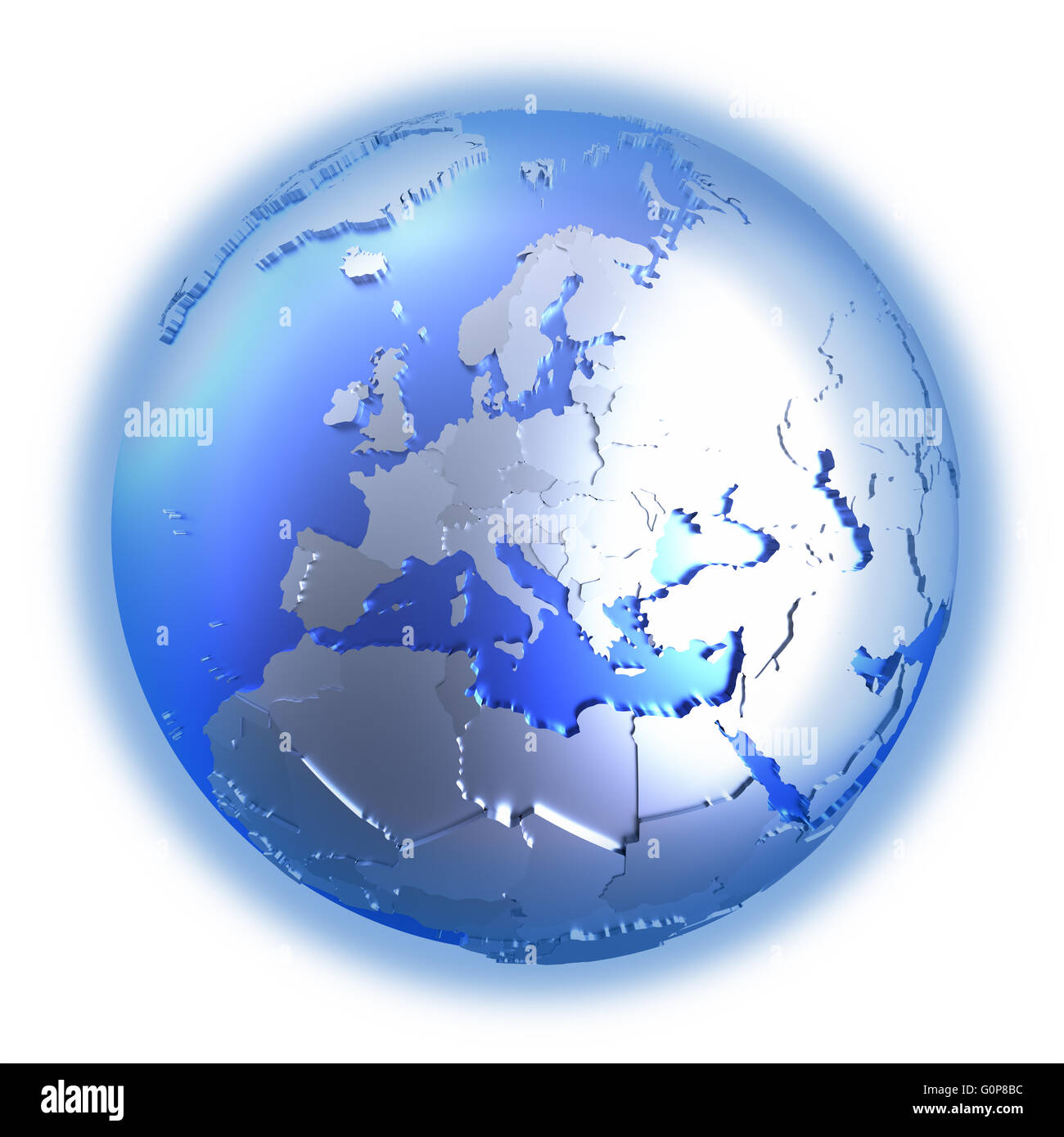 Europe on bright metallic model of planet Earth with blue ocean and ...