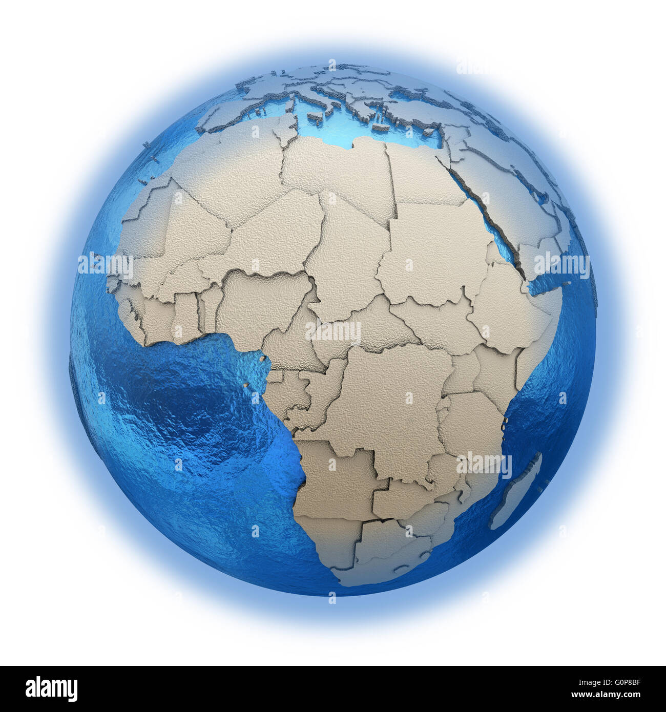 Africa on 3D model of blue Earth with embossed countries and blue ocean ...