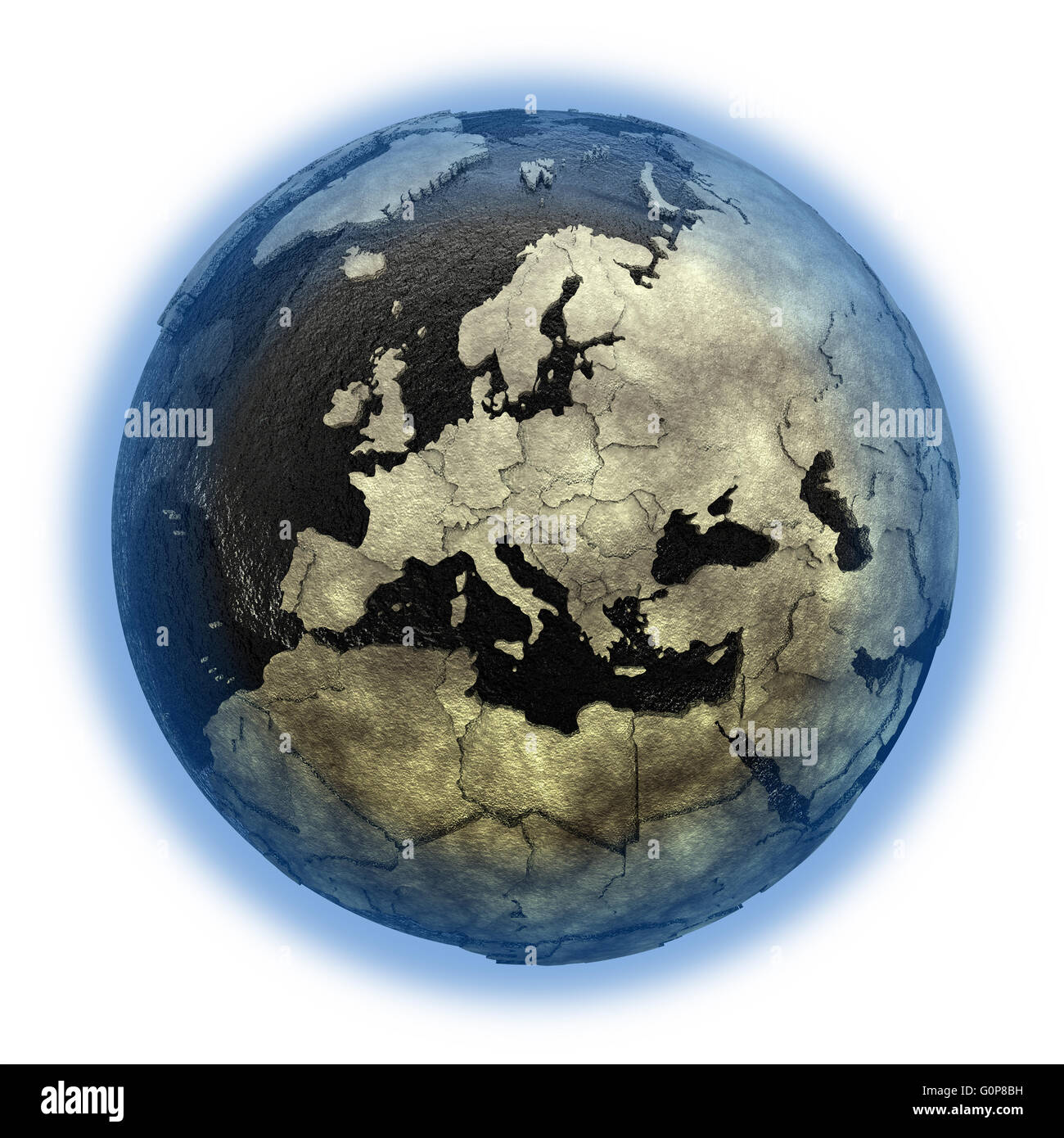 Europe on 3D model of planet Earth with black oily oceans and concrete ...