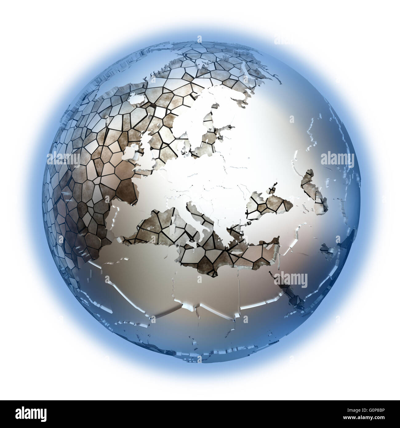 Europe on metallic model of planet Earth. Shiny steel continents with ...
