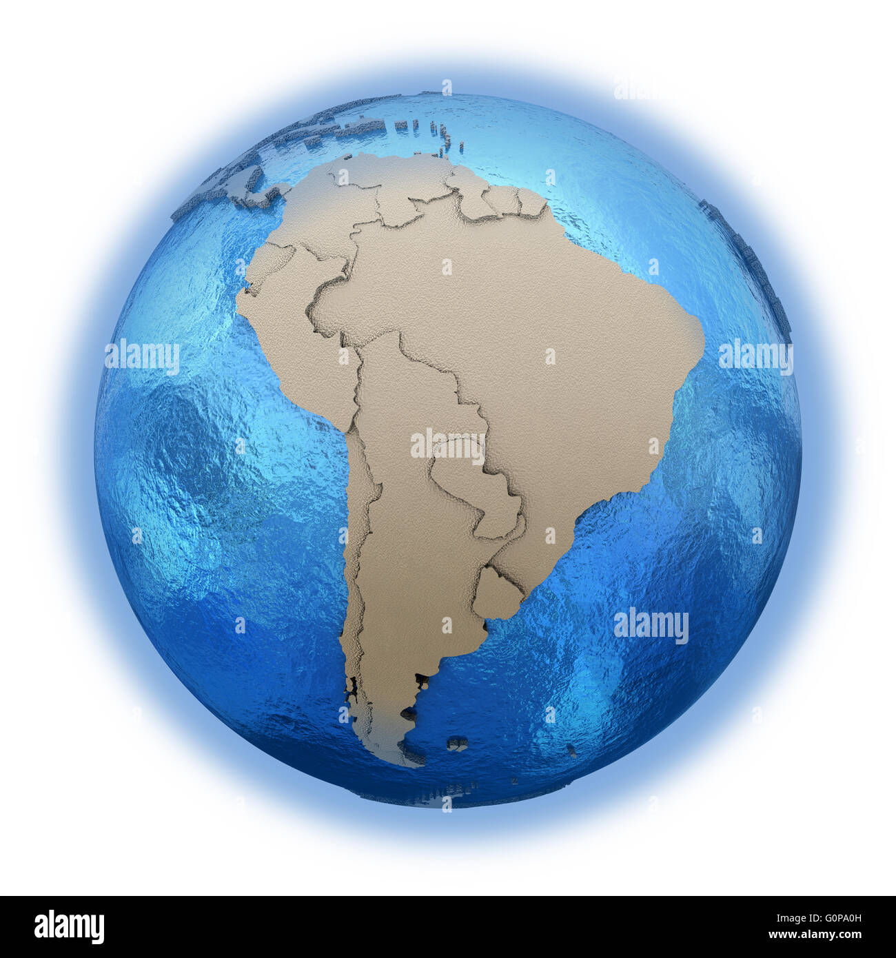 South America on 3D model of blue Earth with embossed countries and ...