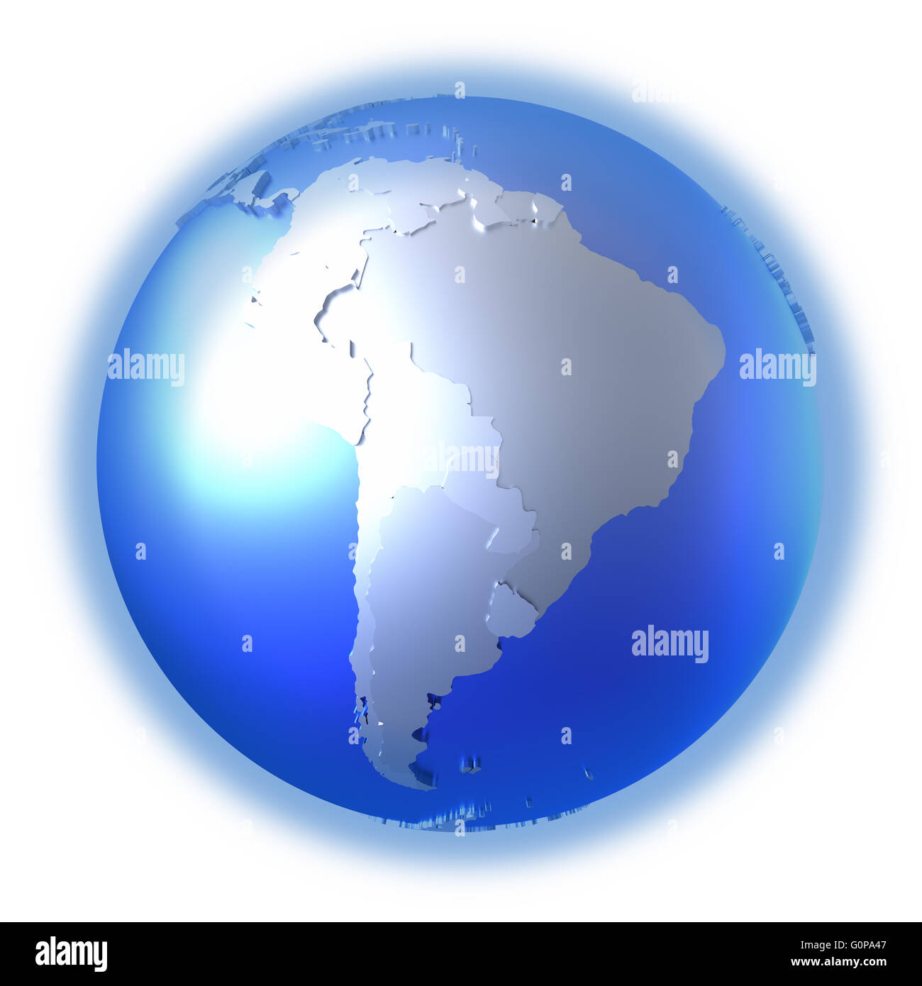 South America on bright metallic model of planet Earth with blue ocean ...
