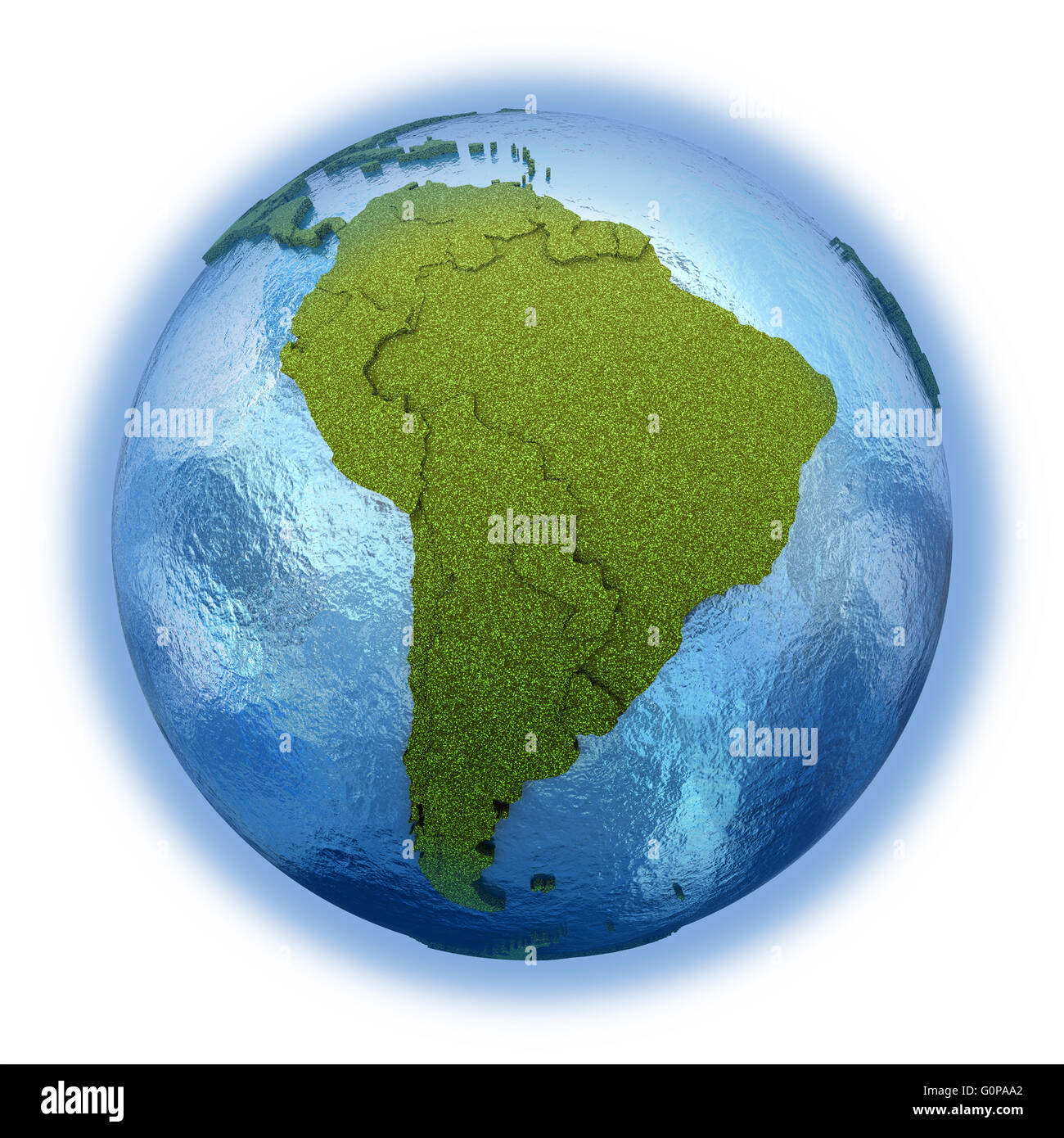 South America on 3D model of planet Earth with grassy continents with ...
