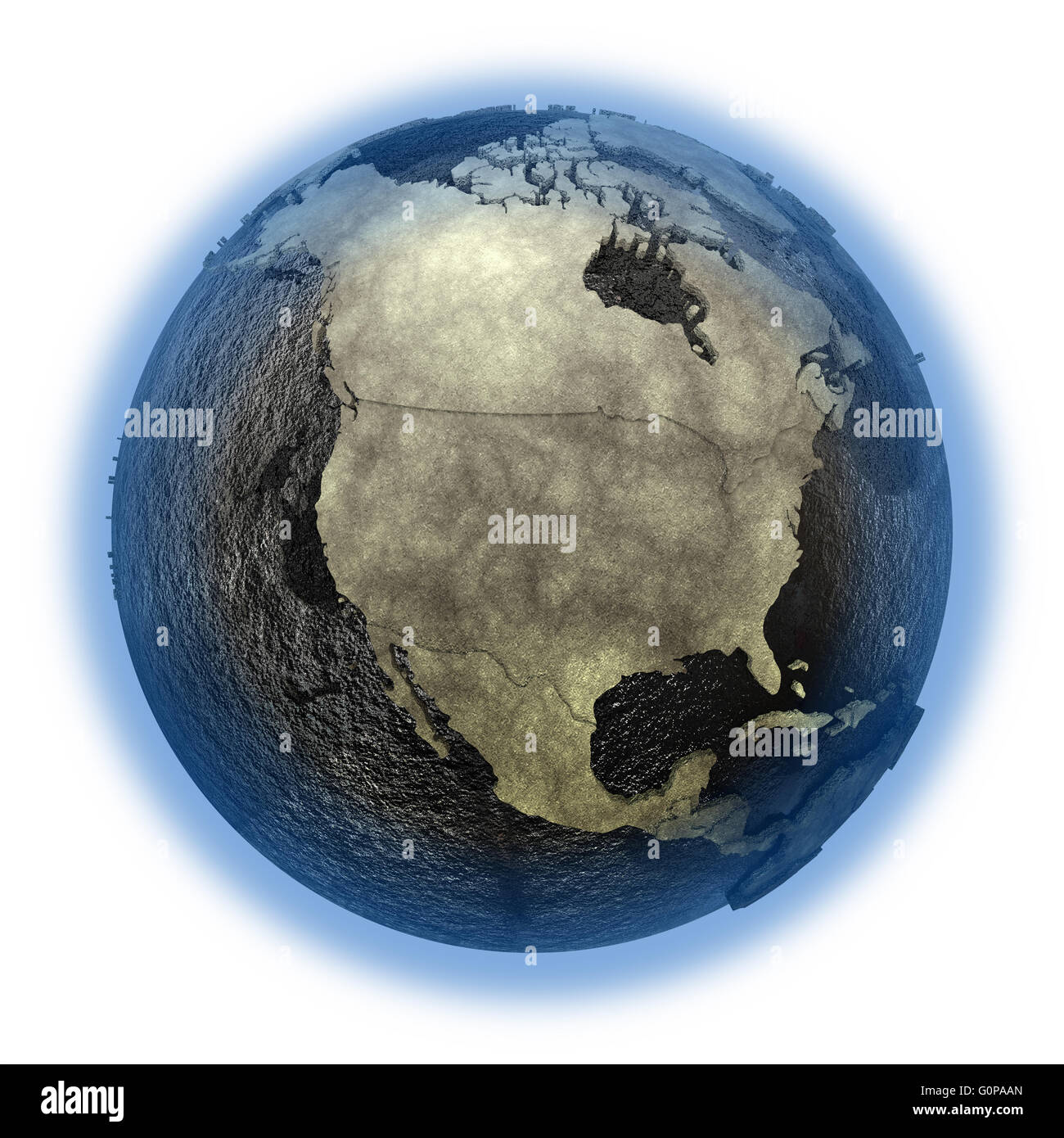 North America on 3D model of planet Earth with black oily oceans and ...