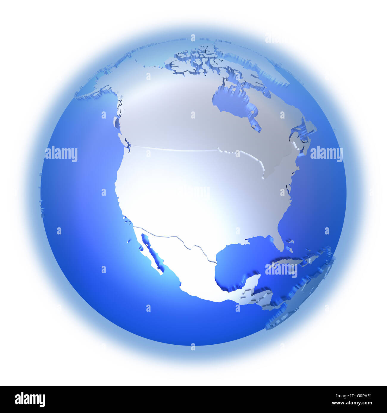 North America on bright metallic model of planet Earth with blue ocean ...