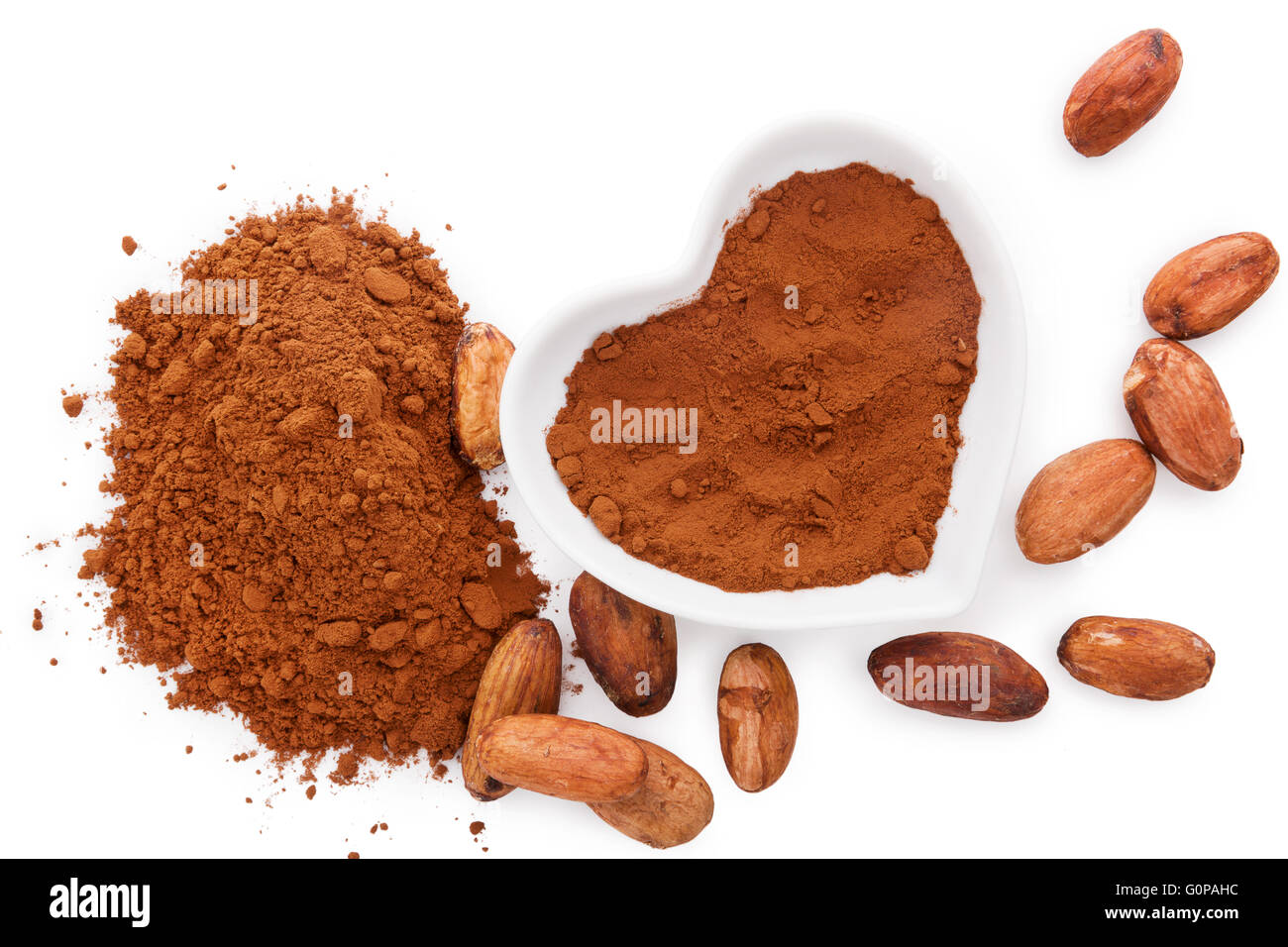 Cocoa beans and cocoa powder on white background, flat lay. Healthy superfood. Stock Photo