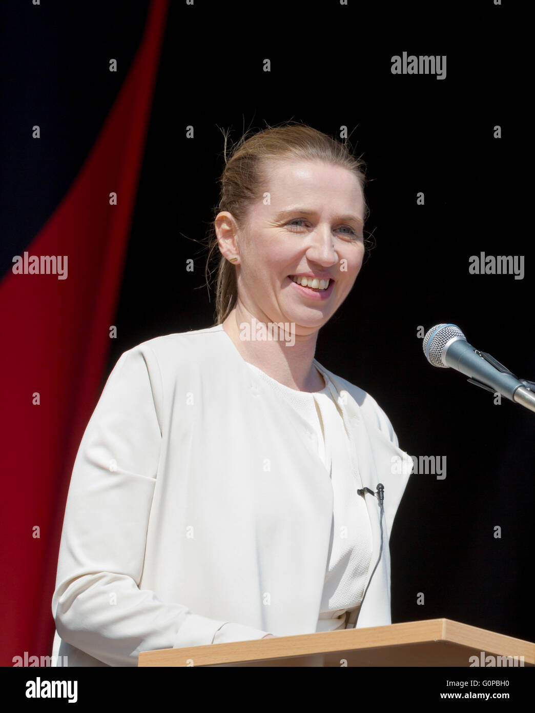 MP, Social Democrats, Mette Frederiksen speaks at the International Workers’ Day, Labour Day, on 1st May in Faelledparken Stock Photo