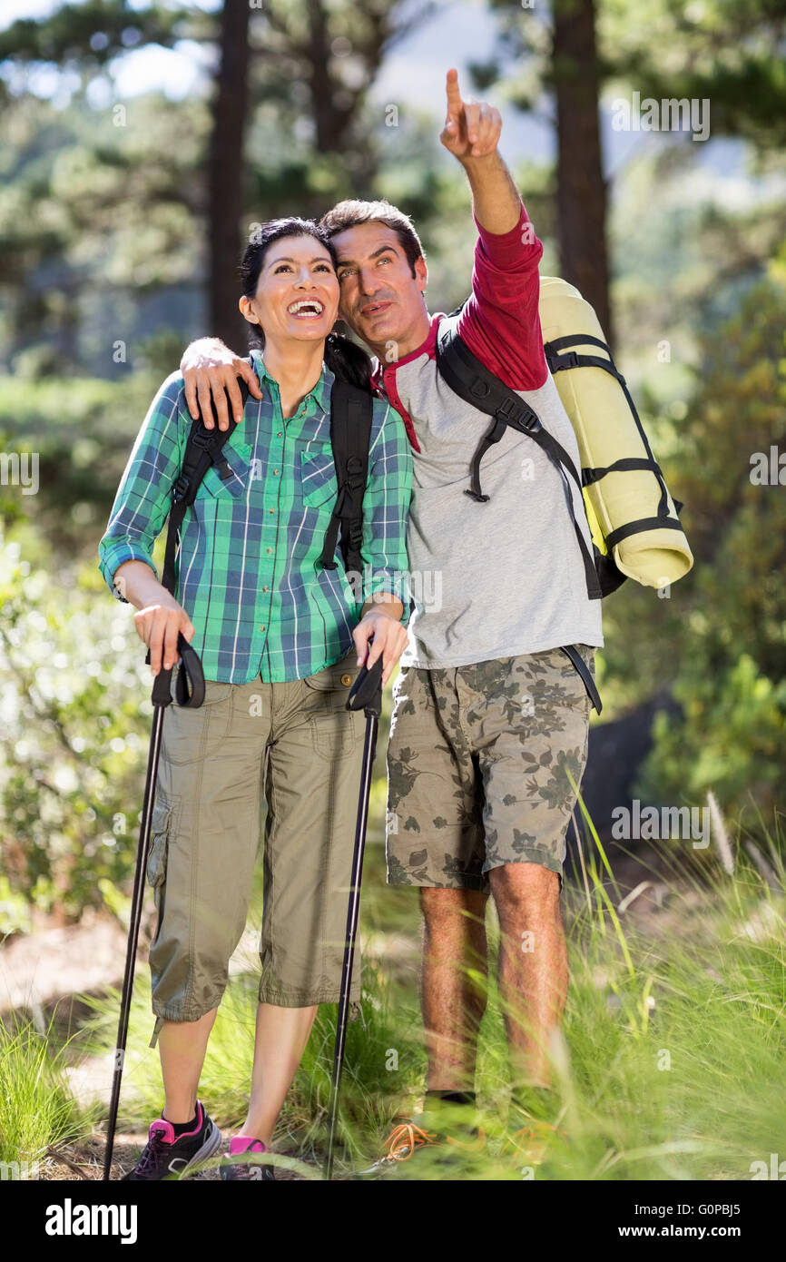 Couple pointing during a hike Stock Photo