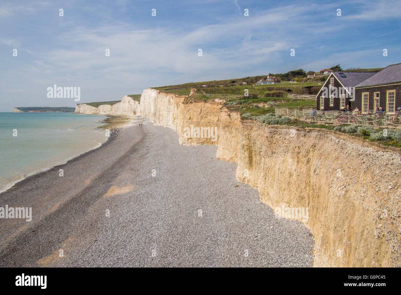 Birling Gap (a sand and shingle beach near Eastbourne) and the 'Seven Sisters' cliffs, East Sussex, England. Stock Photo