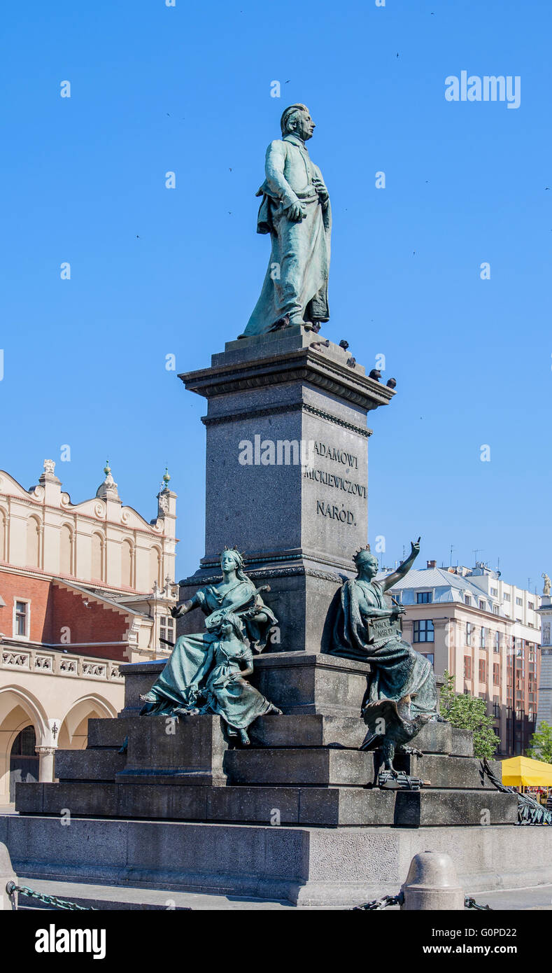 Monument of Adam Mickiewicz, Polish national romatic poet and dramatist on Main Market Square in Krakow, Poland. Stock Photo