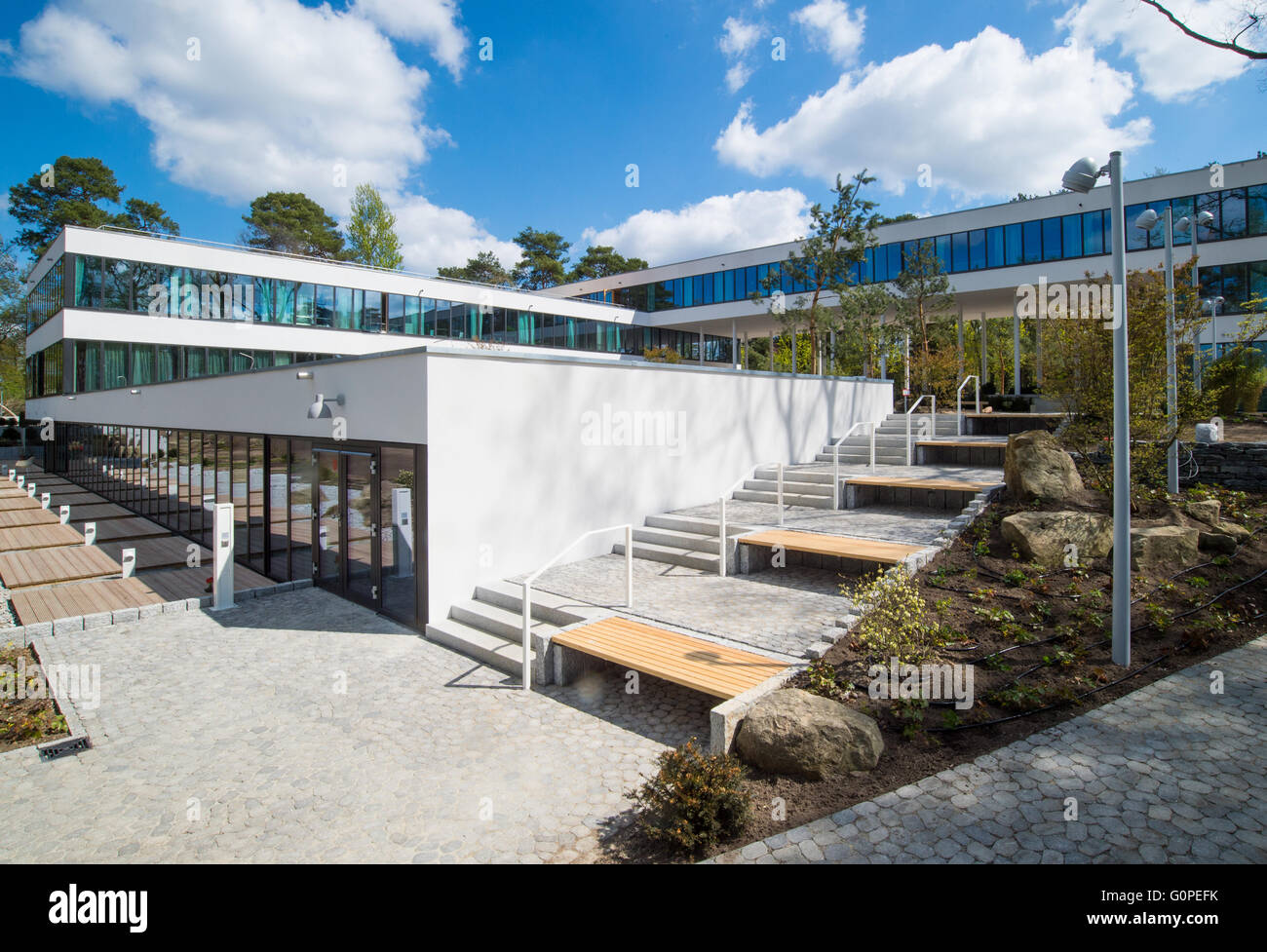 Exterior view of the newly erected Sukhavati Spiritual Care Center in Bad Saarow, Germany, 02 May 2016. The Buddhist residential and nursing project is scheduled to be opened on 04 May 2016. The name of the centre includes the term 'Sukhavati' that translates to 'Land of Bliss.' Photo: PATRICK PLEUL/dpa Stock Photo