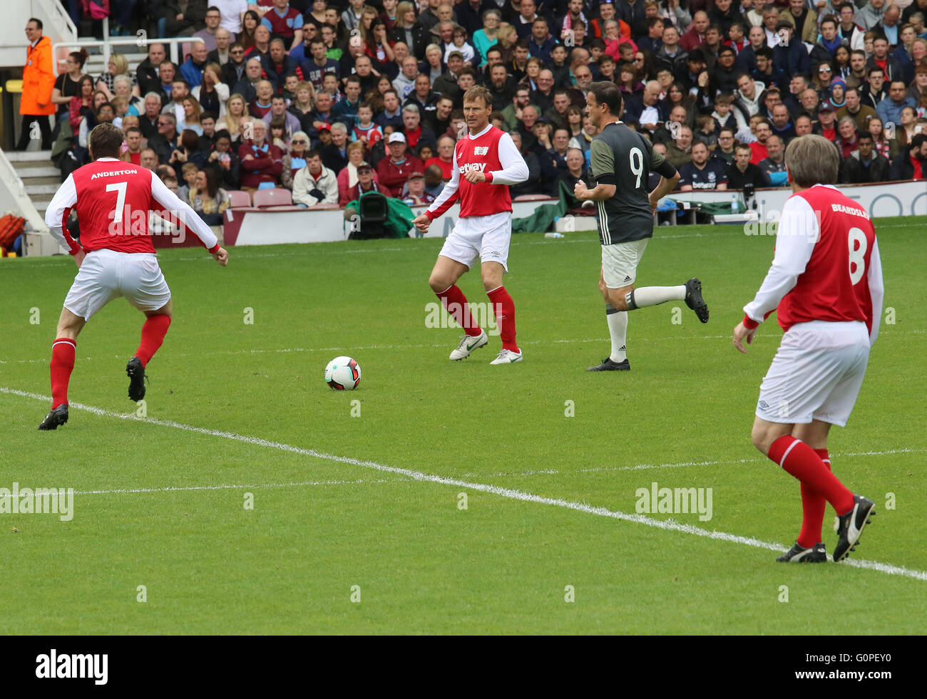 Upton Park, London, UK. 2nd May, 2016. Former England players and celebrities played the last International at Upton Park before West Ham move to their new stadium next season, the match, set up to commemorate the 50th anniversary of Three Lions' World Cup win in 1966 - Germany won 7-2 on the night Pictured: Darren Anderton, Teddy Sheringham, Fredi Bobic and Peter Beardsley Credit:  Stills Press/Alamy Live News Stock Photo