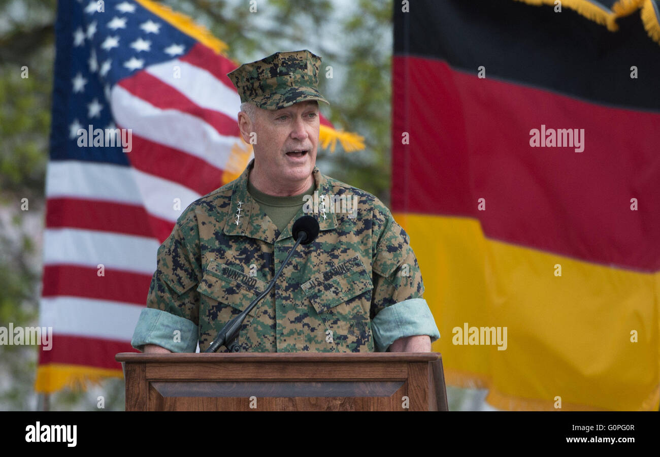 Stuttgart, Germany. 03rd May, 2016. U.S. Marine Corps General Joseph Dunford speaks during the change in command at the United States European Command (EUCOM), in Stuttgart, Germany, 03 May 2016. Photo: MARIJAN MURAT/dpa/Alamy Live News Stock Photo