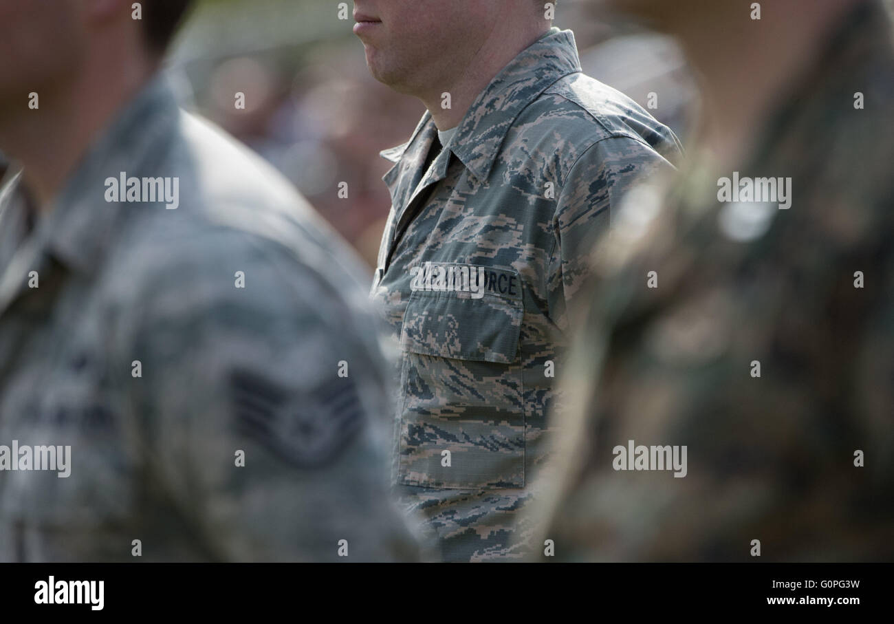 Stuttgart, Germany. 03rd May, 2016. A soldier of the U.S. Air Force pictured during the change in command at the United States European Command (EUCOM), at the Patch Barracks in Stuttgart, Germany, 03 May 2016. Photo: MARIJAN MURAT/dpa/Alamy Live News Stock Photo