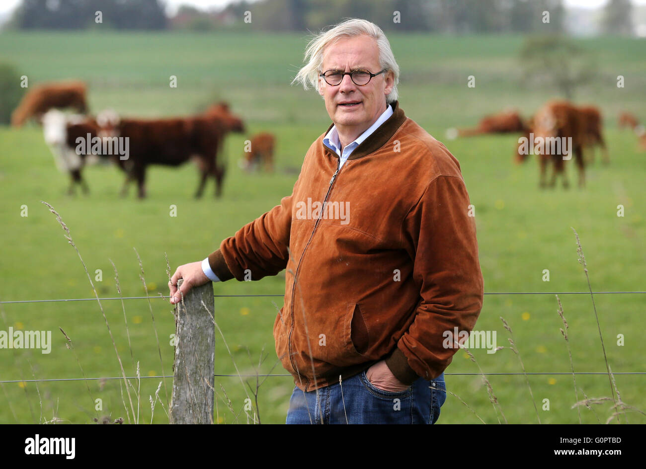 Heinrich Graf von Bassewitz stands in front of a cattle coupler on his farm ahead of the 11th States Meeting of Genetically Unmodified Regions in Dalwitz, Germany, 04 May 2016. Bassewitz was the initiator of the first genetically unmodified zone in Germany, founded in 2003. The genetically unmodified feeding of cattle is on the program at the 11th States Meeting of Genetically Unmodified Regions, organized by the BUND environmental protection organization. Essential to the project is the on-site cultivation of, for example, lupin, in order to not be reliant on genetically modified soy from abr Stock Photo