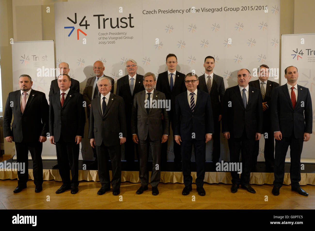 V4 representatives rejected EC proposal to redistribute migrants. For Czech Foreigner Minister Lubomir Zaoralek  (3rd right) it is unpleasant surprise, others consider it blackmail in Prague, Czech Republic, May 4, 2016. (CTK Photo/Michal Krumphanzl) Stock Photo