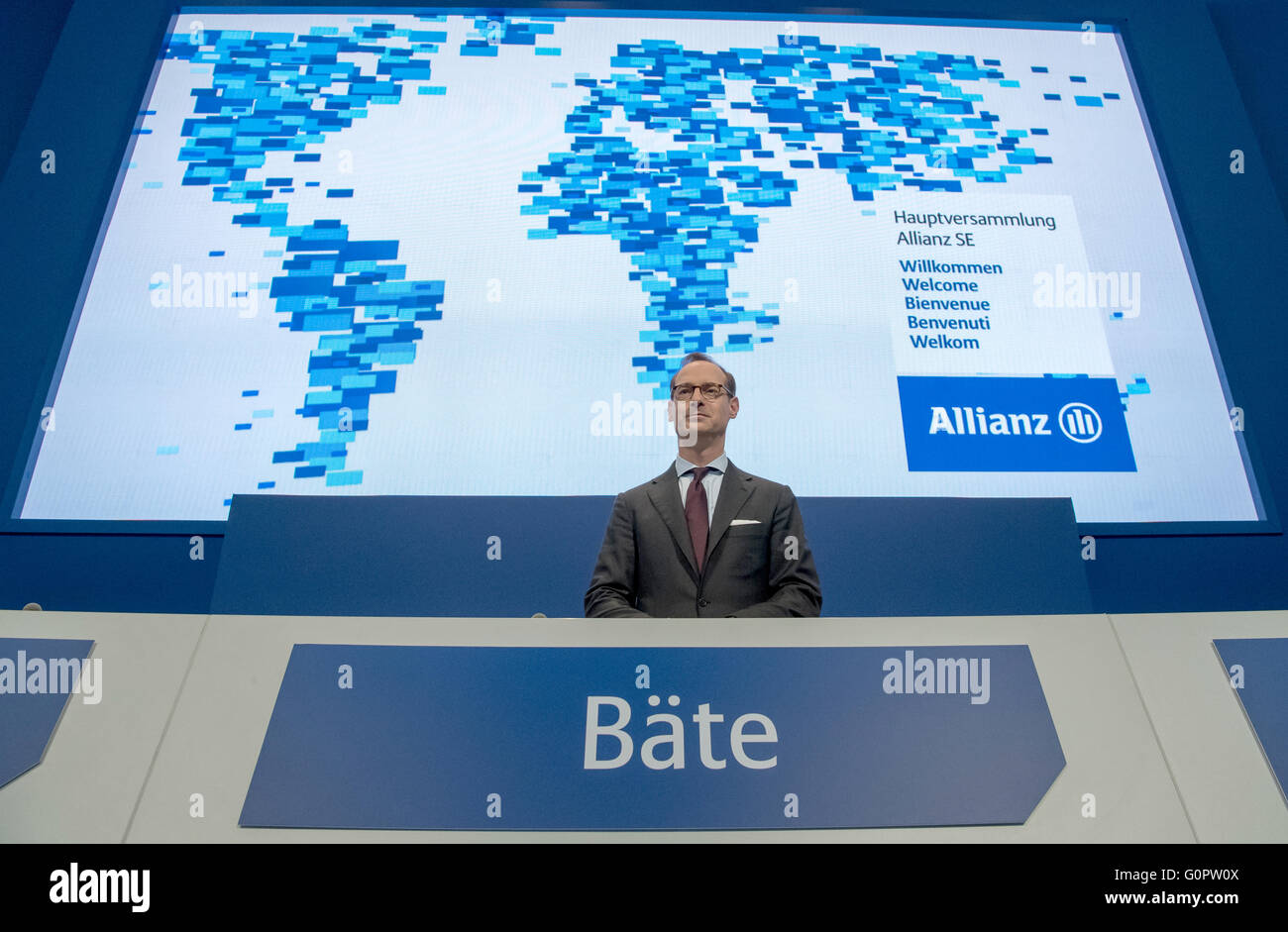 Munich, Germany. 04th Apr, 2016. CEO of Allianz SE, Oliver Baete, stands at the podium ahead of the Allianz general assembly in Munich, Germany, 04 April 2016. Photo: PETER KNEFFEL/dpa/Alamy Live News Stock Photo