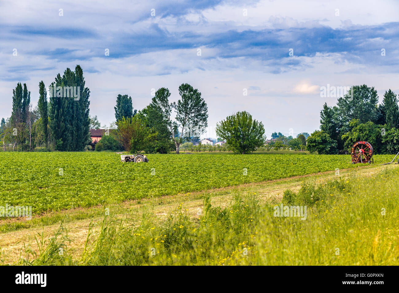tractor and irrigation pipe in a green field Stock Photo Alamy