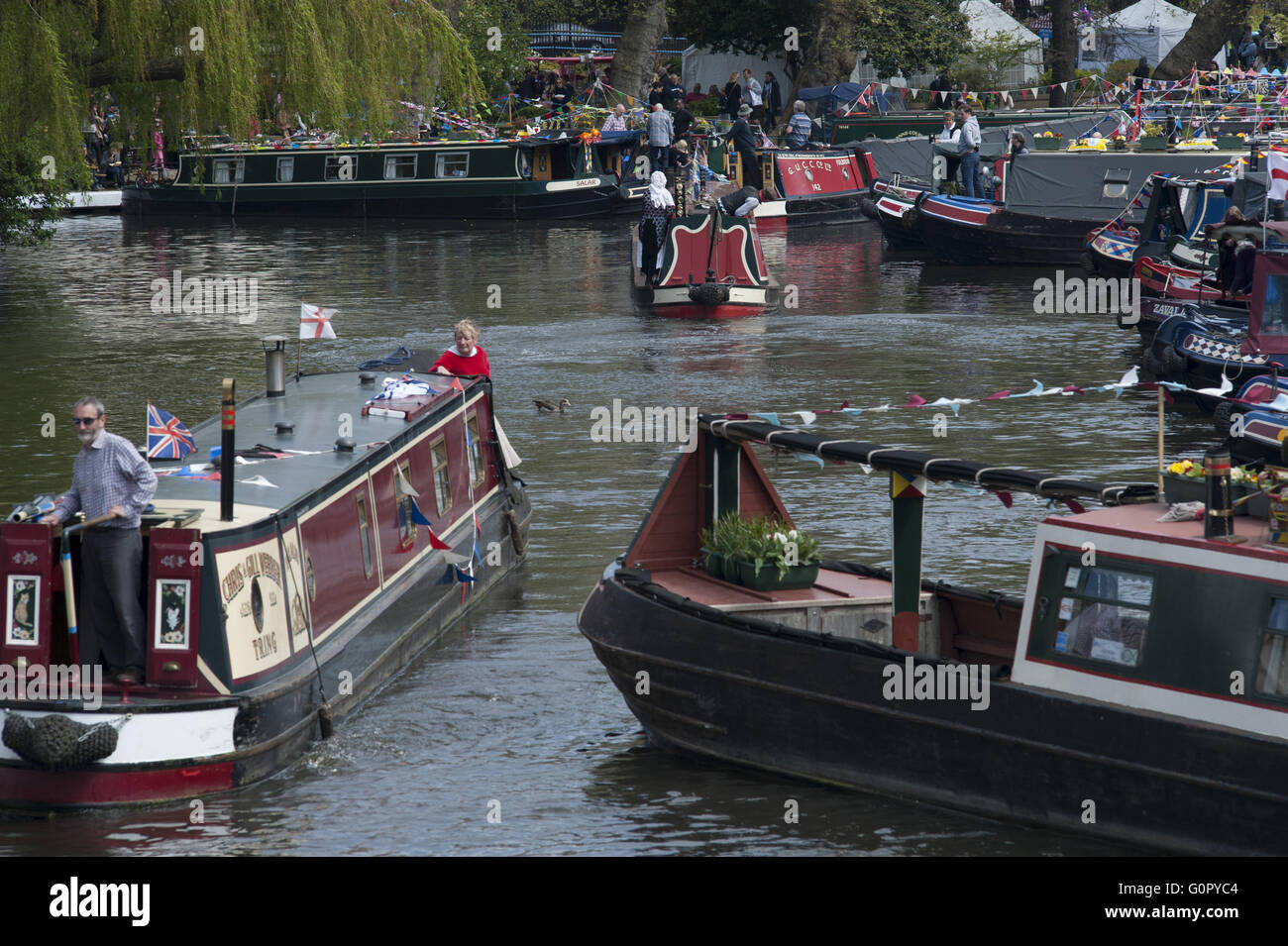 London UK, 2 May 2016. Canal boat owners take part in the annual Canalway Cavalcade at Little Venice organised by the Inland Wat Stock Photo