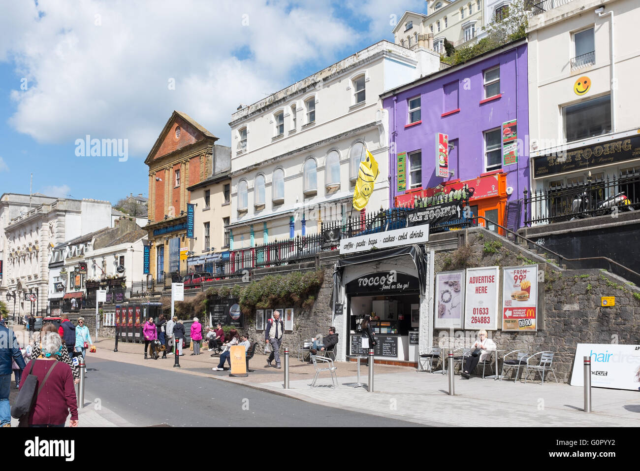 Shops, bars and restaurants in Fleet Street, Torquay, Devon Stock Photo