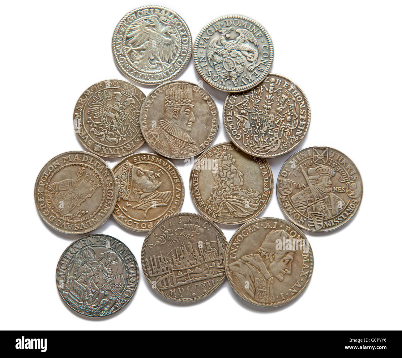 Collection of the medieval coins on the white background Stock Photo