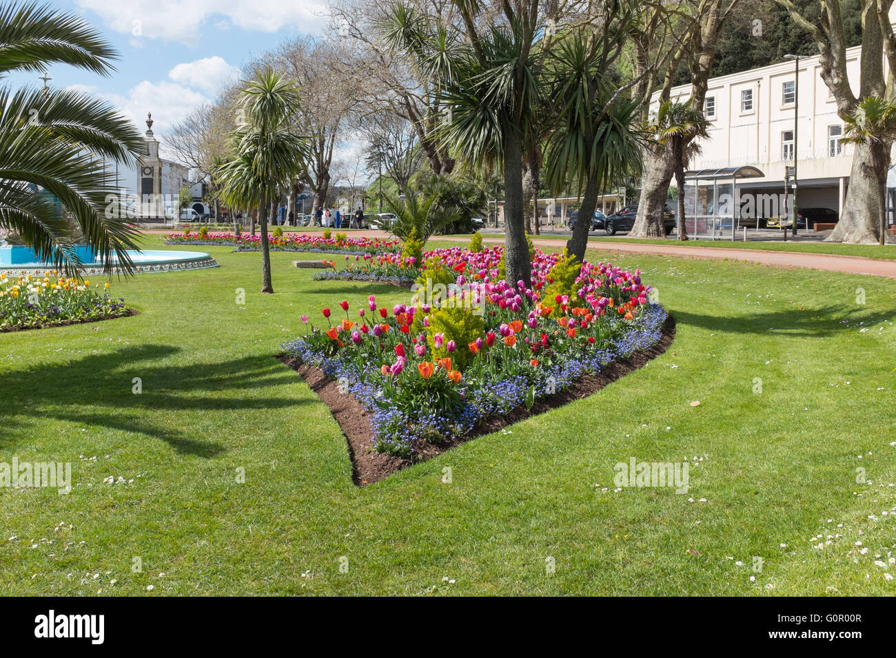 Colourful flowerbeds in Torquay gardens by the Marina Stock Photo