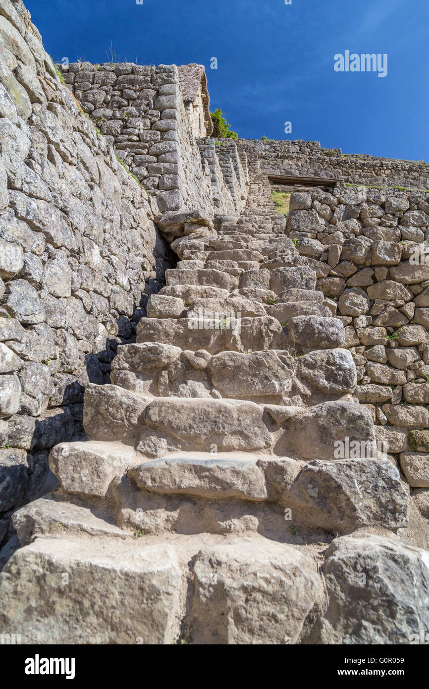 Old Stone stairs in Machu Picchu sacred city of Incas in Peru Stock ...