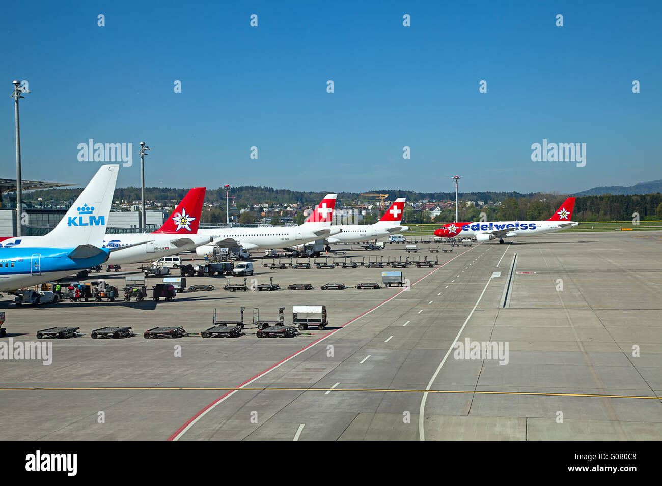 ZURICH - APRIL 14: Runways of the Zurich airport on April 14, 2014 in Zurich, Switzerland. Zurich airport is home port for Swiss Stock Photo