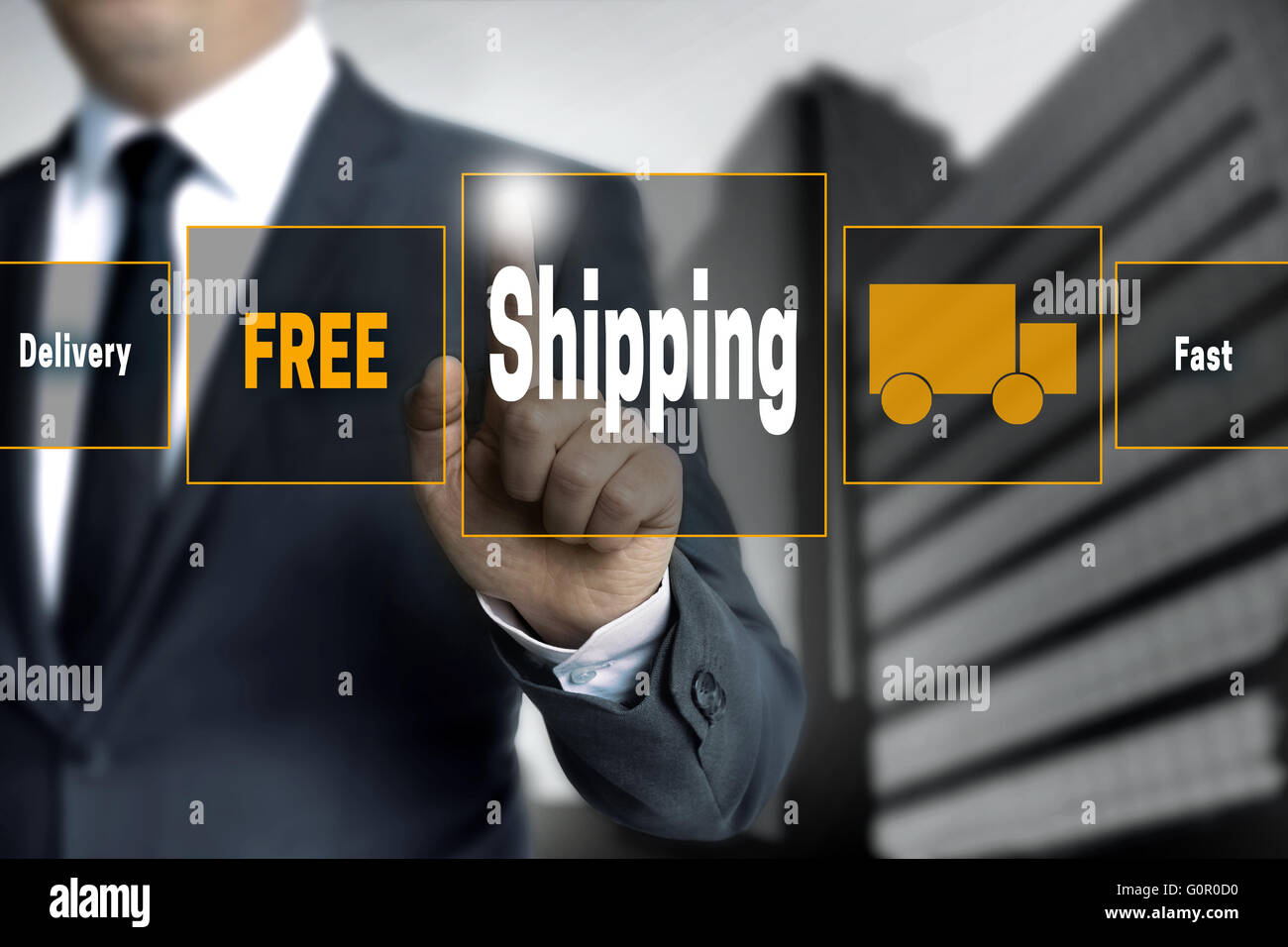 free shipping touchscreen is operated by businessman. Stock Photo
