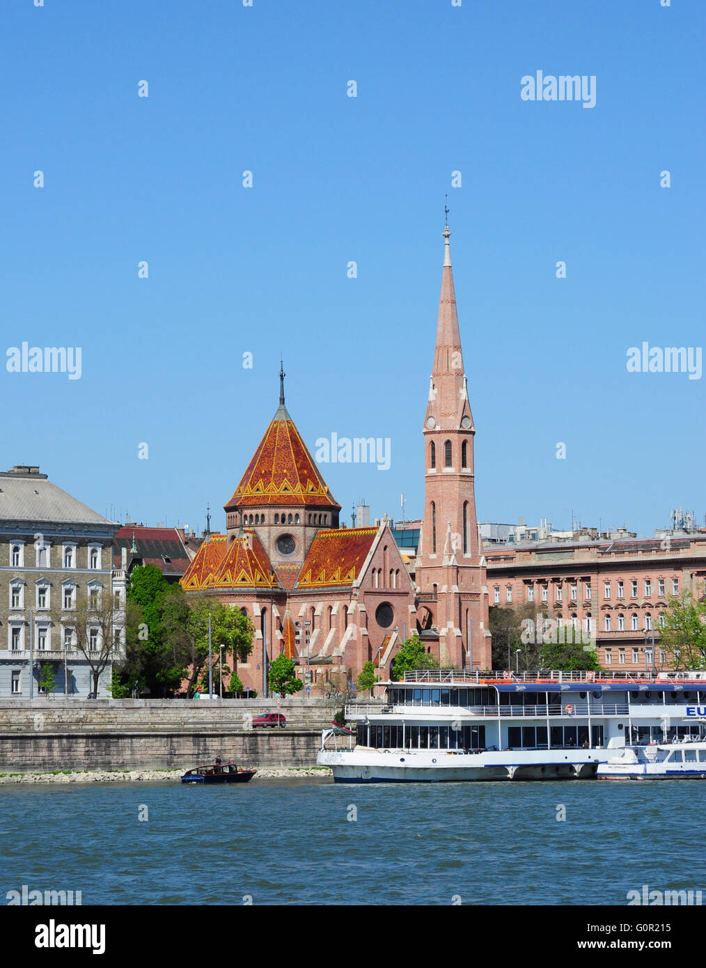 Buda Calvinist Church beside the River Danube, Budapest, Hungary Stock