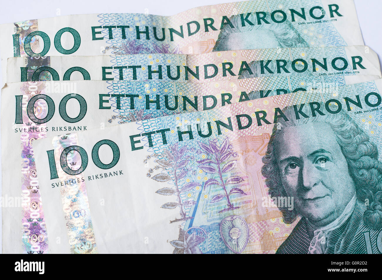 Close up view of one hundred swedish krona banknotes Stock Photo