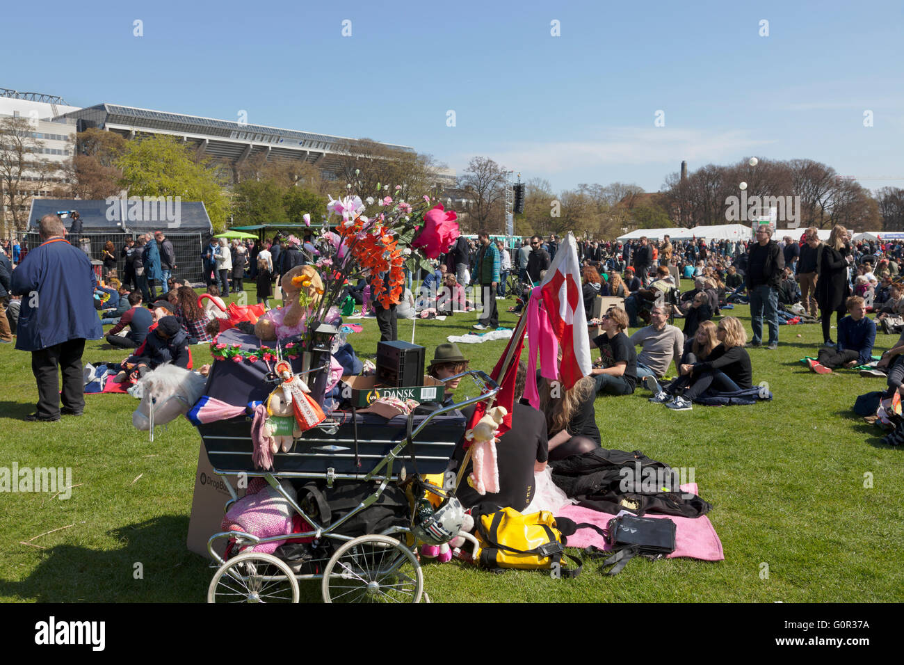 The International Workers’ Day, Labour Day, in Faelledparken, the Copenhagen Common. Speeches, entertainment, picnicking. Stock Photo