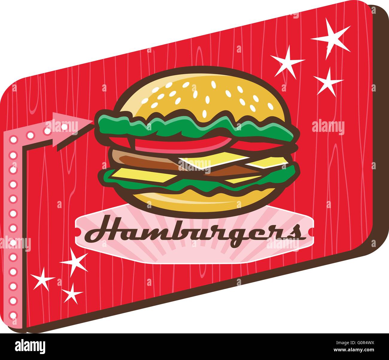 Illustration of a retro 1950s diner style hamburger, burger or cheeseburger with meat patty, lettuce, tomato and cheese slices in bun set inside rectangular sign with woodgrain. Stock Vector