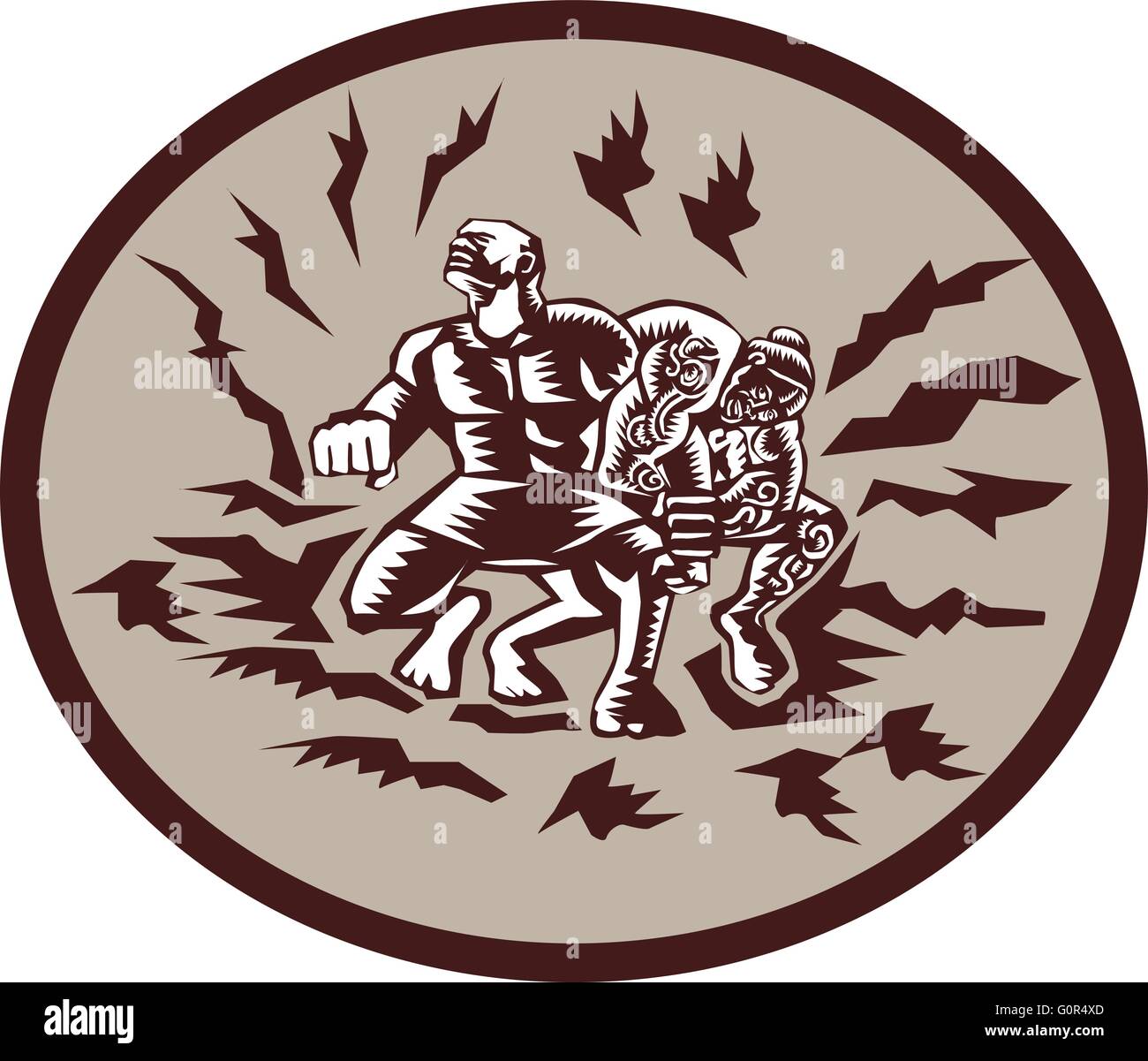 Illustration of Samoan legend Tiitii wrestling the God of Earthquake and breaking his arm set inside circle done in retro woodcut style Stock Vector