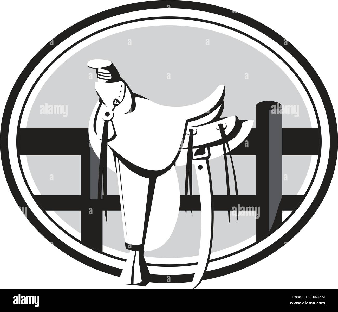 Illustration of an old style western saddle sitting on ranch fence set inside oval shape in black and white done in retro style. Stock Vector