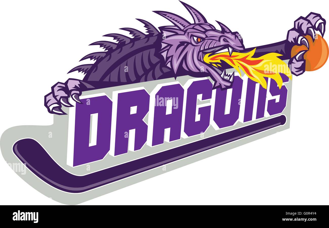Illustration of a purple dragon head breathing fire clutching basketball on hockey stick and banner with the word Dragons' on isolated white background done in retro style.' Stock Vector