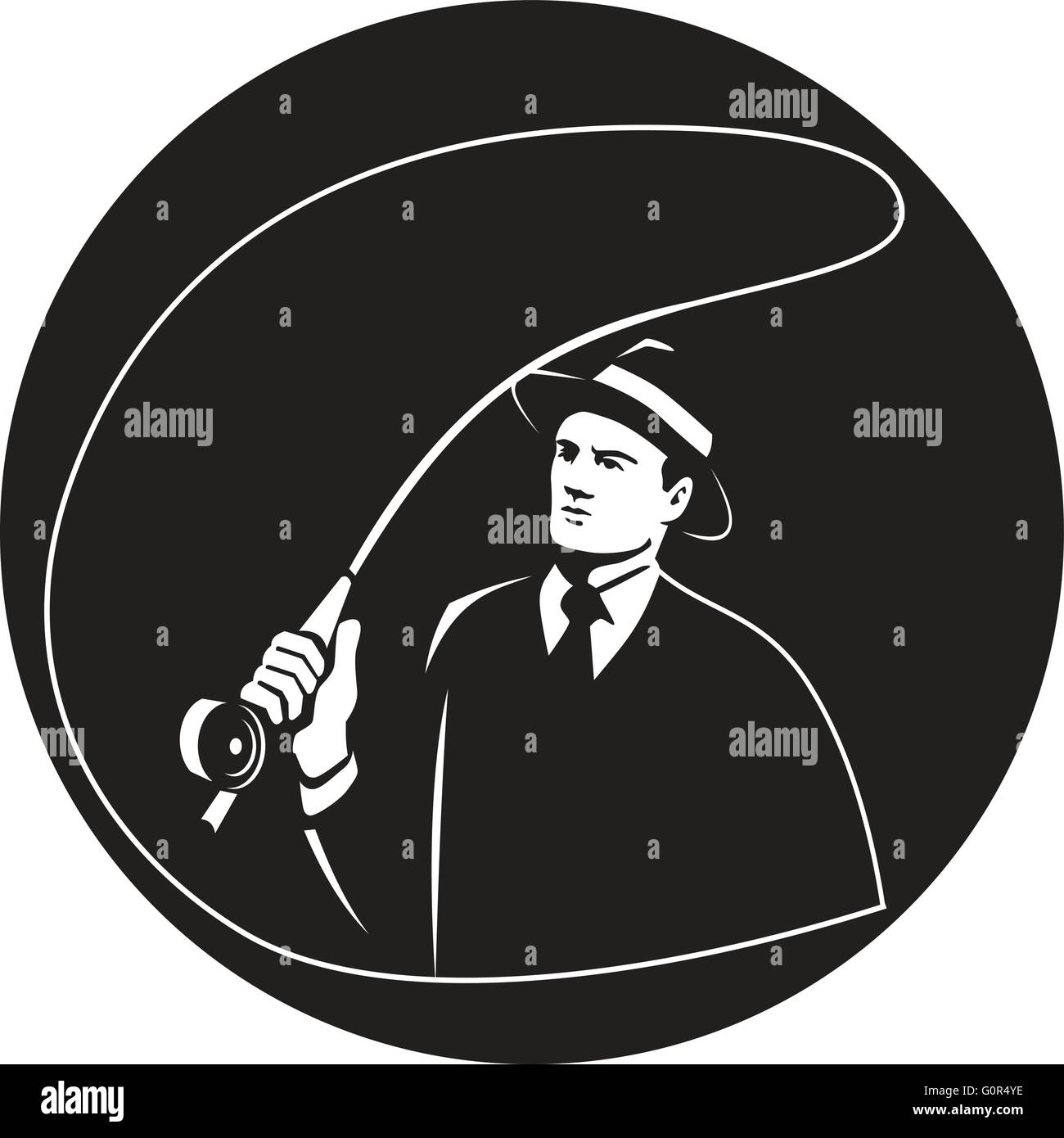 Illustration of a mobster gangster fly fisherman wearing suit, tie and hat fishing casting fly rod set inside circle on isolated background done in retro style. Stock Vector
