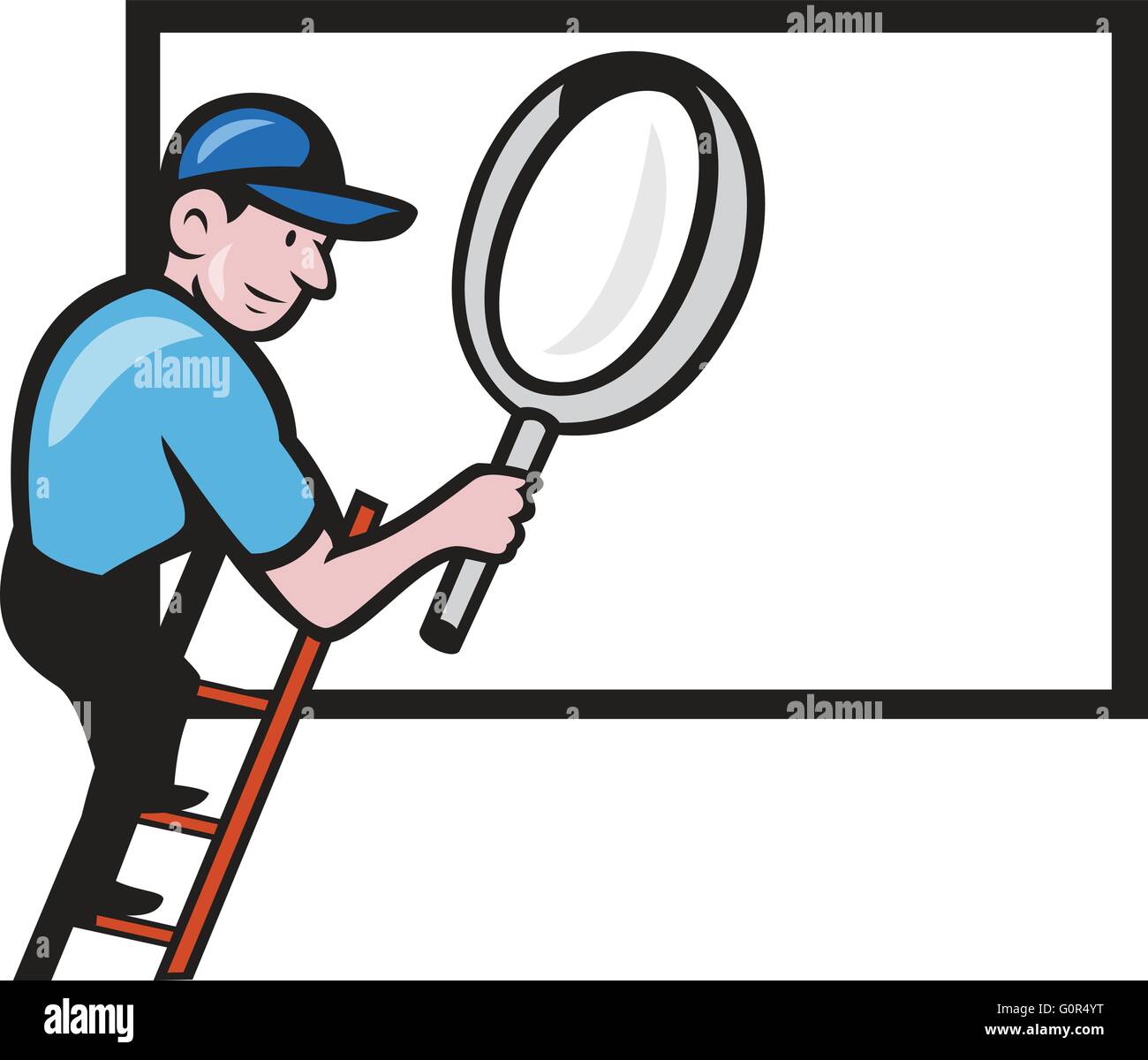 Illustration of a worker handyman wearing hat carrying giant magnifying glass climbing ladder with billboard in the background done in cartoon style. Stock Vector