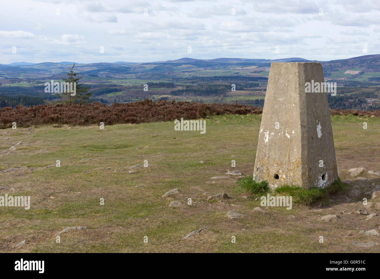 The trig point at the top of Scolty Hill, near Banchory, Aberdeenshire Stock Photo