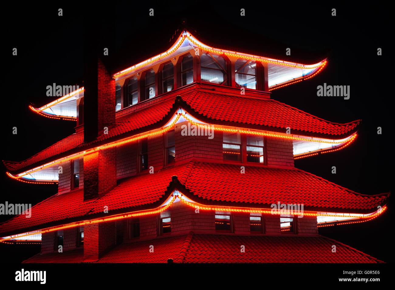 The Pagoda on Skyline Drive at night, in Reading, Pennsylvania. Stock Photo